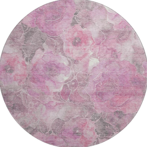 HomeRoots 8' Pink Gray Ivory Floral Washable Round Rug - Durable, Stain Resistant, UV Protected for Family Homes 706076