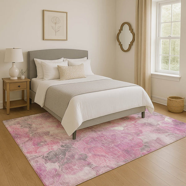 HomeRoots 8' X 10' Floral Area Rug in Pink, Gray & Ivory - Washable, UV-Protected, Durable & Stylish Home Accent 706077