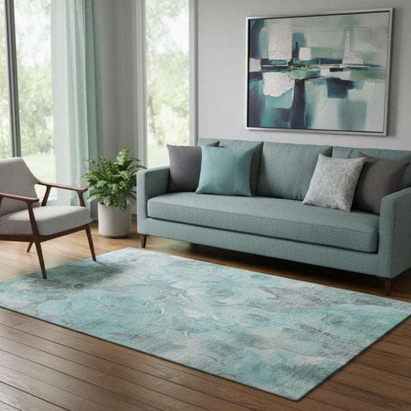 HomeRoots 5' X 8' Teal Gray Floral Area Rug - Washable, UV Protected, Stain Resistant for Busy Homes & Kids 706081