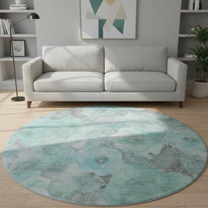 HomeRoots 8' Teal Gray Ivory Floral Round Rug – Washable, UV-Protected, Durable for Homes with Kids & Pets! 706082