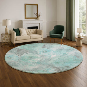 HomeRoots 8' Teal Gray Ivory Floral Round Rug – Washable, UV-Protected, Durable for Homes with Kids & Pets! 706082