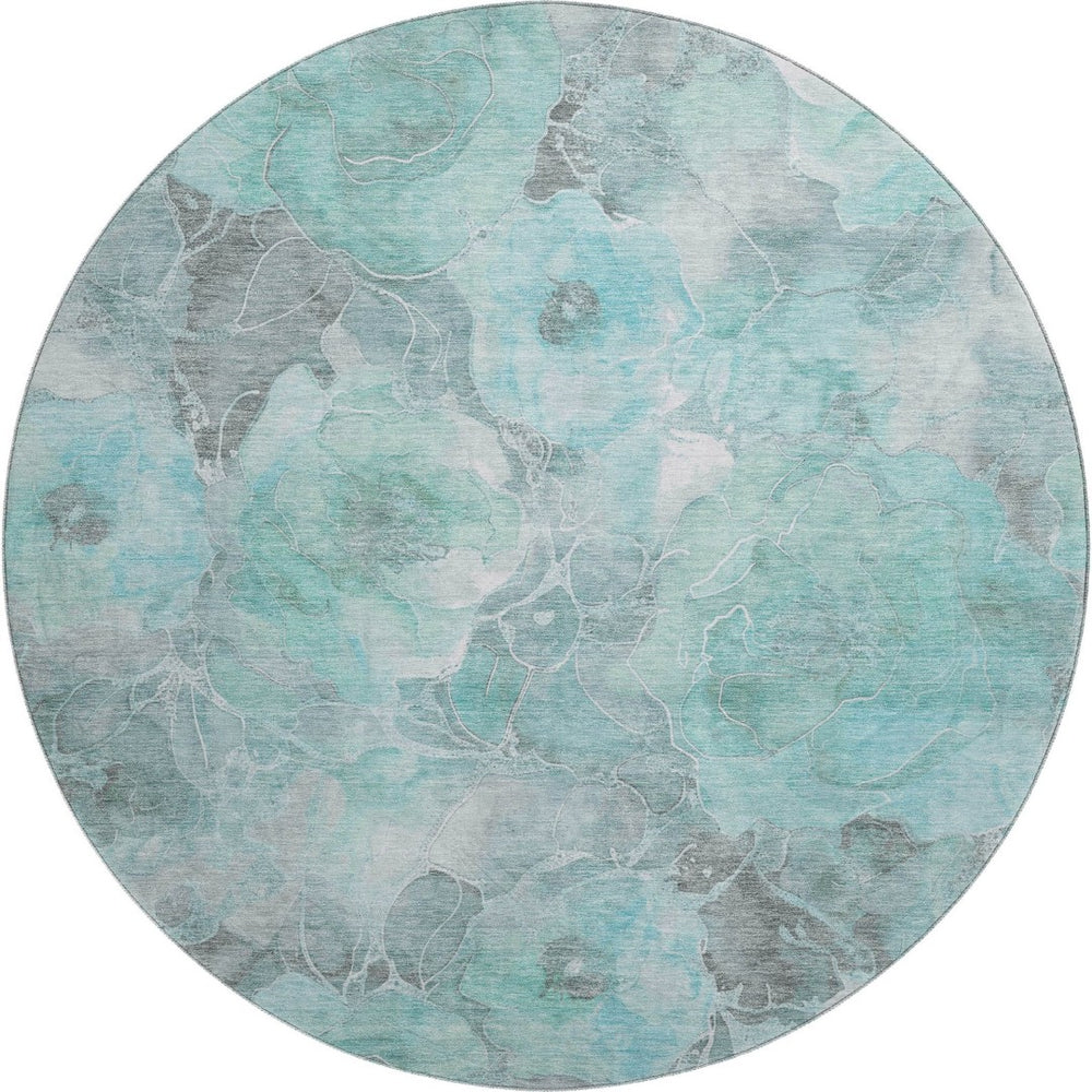 HomeRoots 8' Teal Gray Ivory Floral Round Rug – Washable, UV-Protected, Durable for Homes with Kids & Pets! 706082