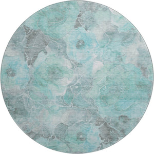 HomeRoots 8' Teal Gray Ivory Floral Round Rug – Washable, UV-Protected, Durable for Homes with Kids & Pets! 706082