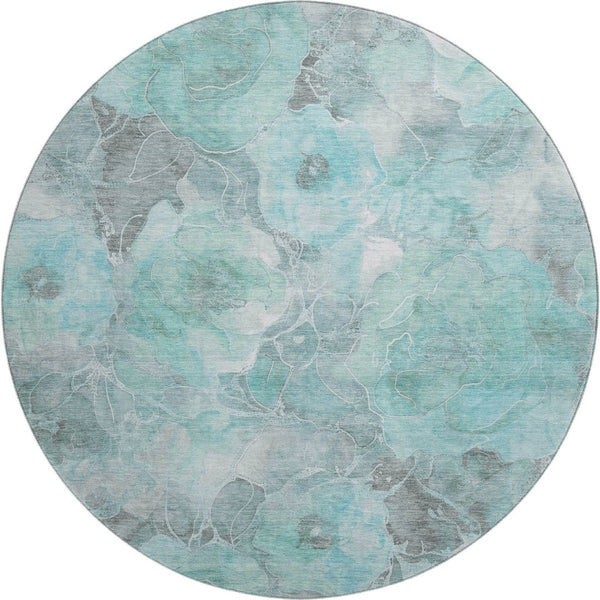 HomeRoots 8' Teal Gray Ivory Floral Round Rug – Washable, UV-Protected, Durable for Homes with Kids & Pets! 706082