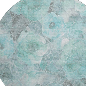 HomeRoots 8' Teal Gray Ivory Floral Round Rug – Washable, UV-Protected, Durable for Homes with Kids & Pets! 706082