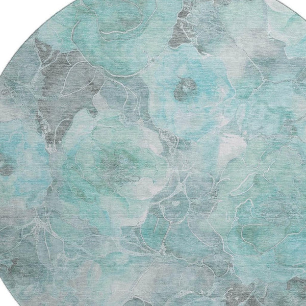 HomeRoots 8' Teal Gray Ivory Floral Round Rug – Washable, UV-Protected, Durable for Homes with Kids & Pets! 706082