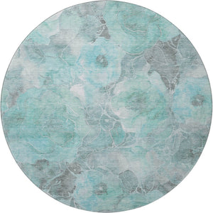 HomeRoots 8' Teal Gray Ivory Floral Round Rug – Washable, UV-Protected, Durable for Homes with Kids & Pets! 706082
