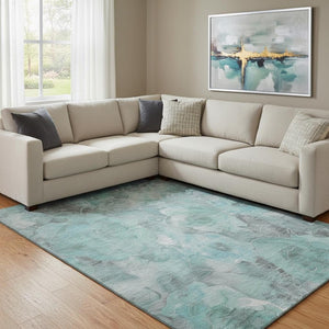 HomeRoots 8' X 10' Floral Teal Gray Ivory Washable Area Rug - UV Protected, Stain Resistant, Ideal for Homes 706083