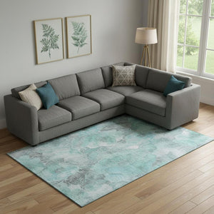 HomeRoots 9' X 12' Stylish Floral Area Rug in Teal, Gray & Ivory - Washable, UV-Protected, Family-Friendly Design 706084