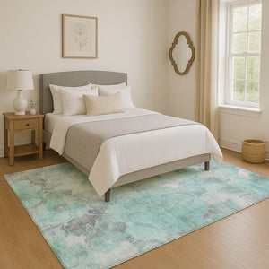 HomeRoots 9' X 12' Stylish Floral Area Rug in Teal, Gray & Ivory - Washable, UV-Protected, Family-Friendly Design 706084