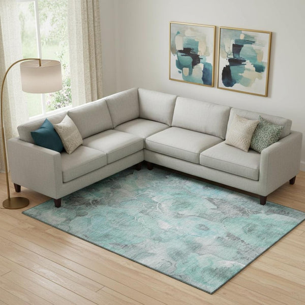 HomeRoots 10' X 14' Teal Gray Ivory Floral Area Rug - Washable, UV-Protected & Stain-Resistant for Every Space 706085