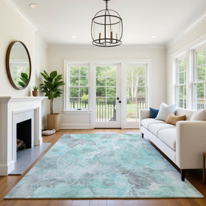 HomeRoots 10' X 14' Teal Gray Ivory Floral Area Rug - Washable, UV-Protected & Stain-Resistant for Every Space 706085