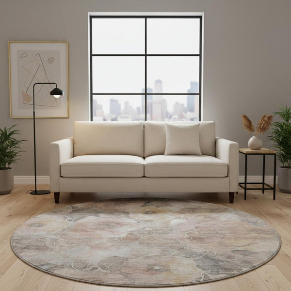 HomeRoots 8' Elegant Floral Washable Round Rug in Taupe and Ivory - UV Protected, Durable, Perfect for Any Room! 706088