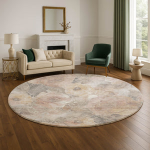 HomeRoots 8' Elegant Floral Washable Round Rug in Taupe and Ivory - UV Protected, Durable, Perfect for Any Room! 706088
