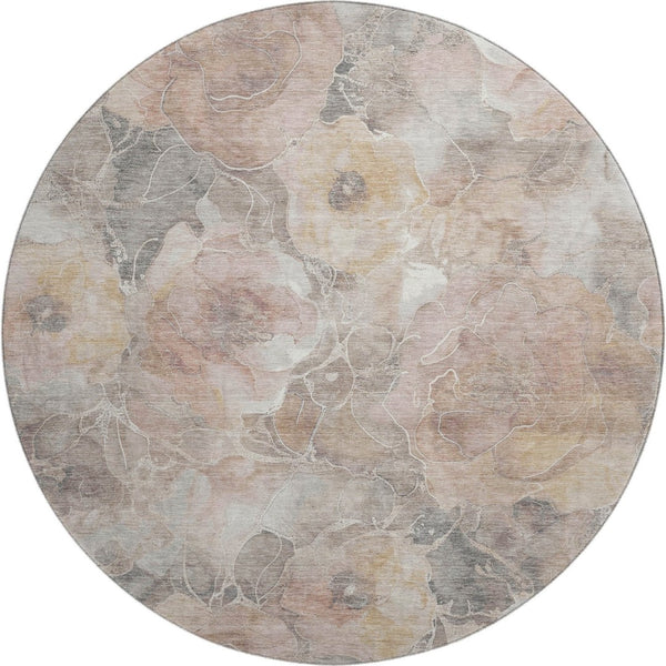 HomeRoots 8' Elegant Floral Washable Round Rug in Taupe and Ivory - UV Protected, Durable, Perfect for Any Room! 706088