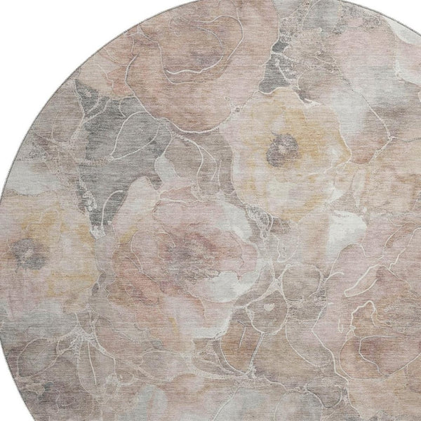 HomeRoots 8' Elegant Floral Washable Round Rug in Taupe and Ivory - UV Protected, Durable, Perfect for Any Room! 706088