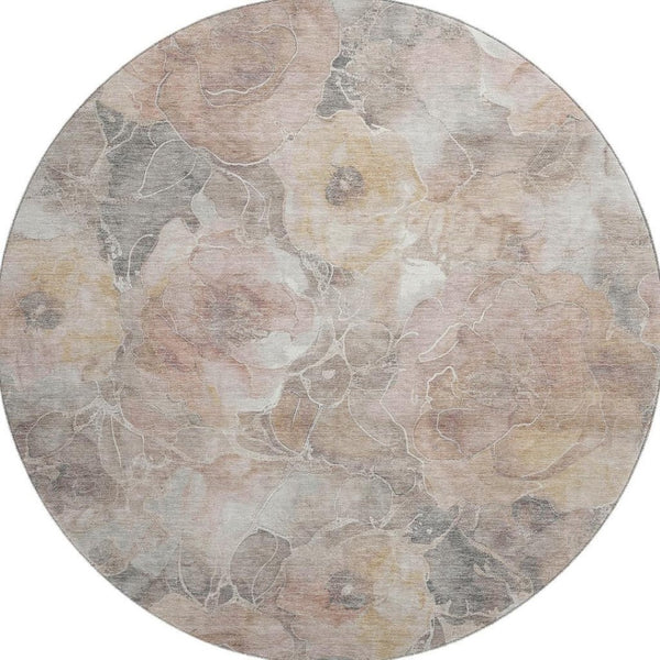 HomeRoots 8' Elegant Floral Washable Round Rug in Taupe and Ivory - UV Protected, Durable, Perfect for Any Room! 706088