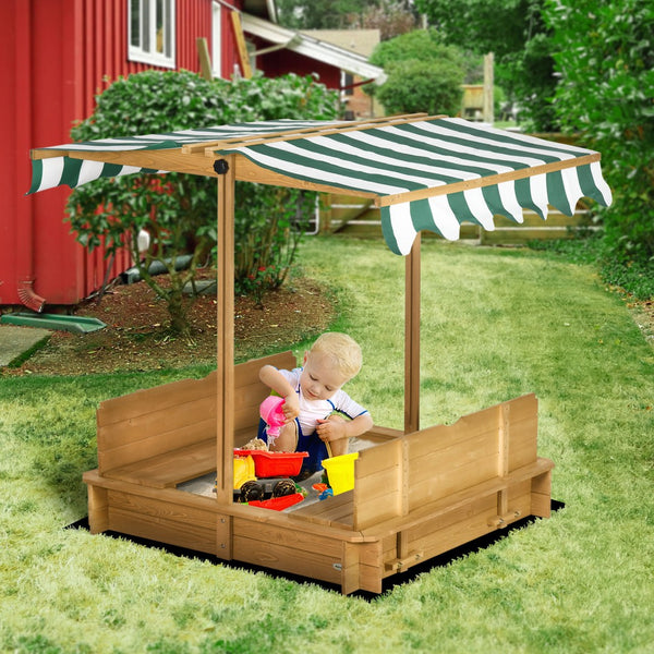 English Elm Outsunny Cedar Wood Kids Sandbox with Adjustable Canopy and Foldable Bench Seats W2225P200655