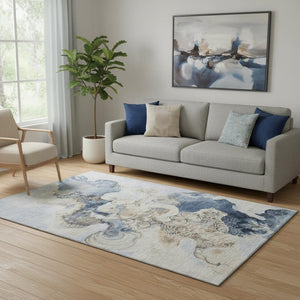 HomeRoots 5' X 8' Denim Blue & Beige Abstract Area Rug - Washable, UV-Protected, Non-Slip, Durable Design 706093