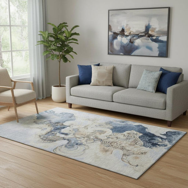 HomeRoots 5' X 8' Denim Blue & Beige Abstract Area Rug - Washable, UV-Protected, Non-Slip, Durable Design 706093