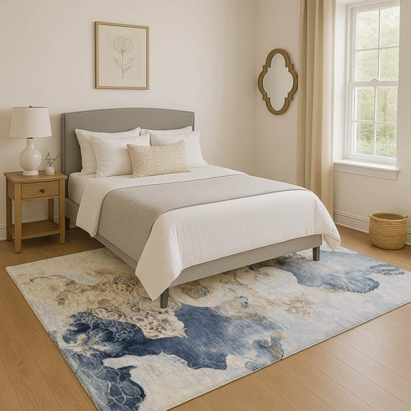 HomeRoots 5' X 8' Denim Blue & Beige Abstract Area Rug - Washable, UV-Protected, Non-Slip, Durable Design 706093