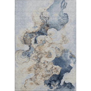 HomeRoots 5' X 8' Denim Blue & Beige Abstract Area Rug - Washable, UV-Protected, Non-Slip, Durable Design 706093