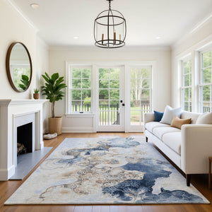 HomeRoots 5' X 8' Denim Blue & Beige Abstract Area Rug - Washable, UV-Protected, Non-Slip, Durable Design 706093