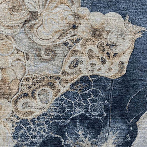 HomeRoots 5' X 8' Denim Blue & Beige Abstract Area Rug - Washable, UV-Protected, Non-Slip, Durable Design 706093