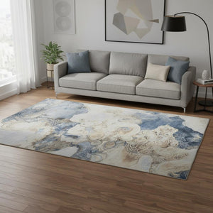 HomeRoots 8' Denim Blue & Beige Abstract Washable Round Rug - UV Protected, Stain-Resistant & Non-Slip Design 706094