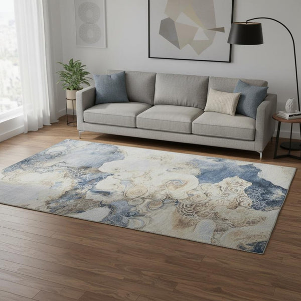 HomeRoots 8' Denim Blue & Beige Abstract Washable Round Rug - UV Protected, Stain-Resistant & Non-Slip Design 706094