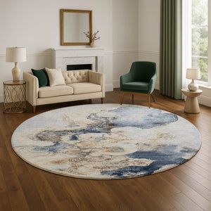 HomeRoots 8' Denim Blue & Beige Abstract Washable Round Rug - UV Protected, Stain-Resistant & Non-Slip Design 706094