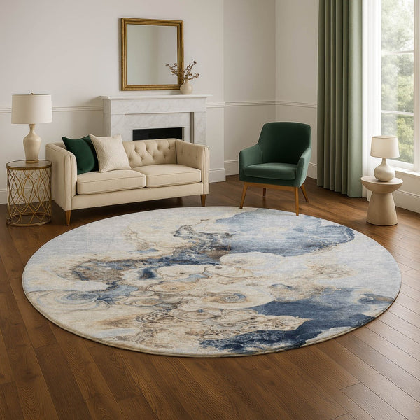 HomeRoots 8' Denim Blue & Beige Abstract Washable Round Rug - UV Protected, Stain-Resistant & Non-Slip Design 706094