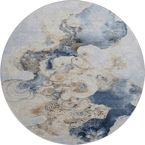 HomeRoots 8' Denim Blue & Beige Abstract Washable Round Rug - UV Protected, Stain-Resistant & Non-Slip Design 706094