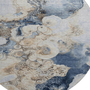 HomeRoots 8' Denim Blue & Beige Abstract Washable Round Rug - UV Protected, Stain-Resistant & Non-Slip Design 706094
