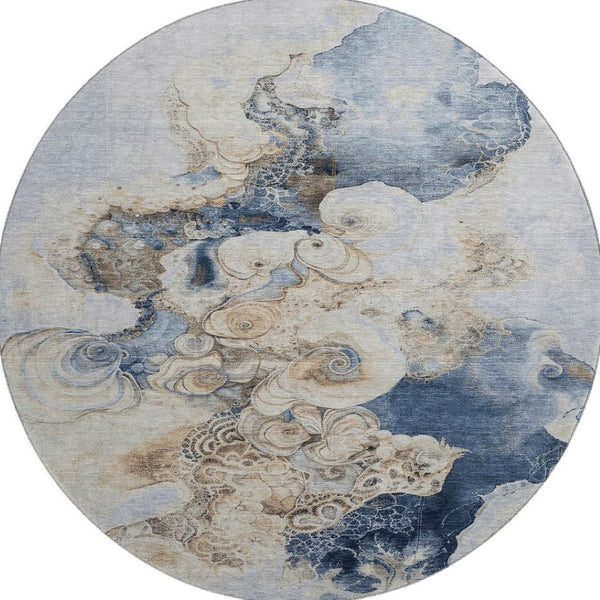 HomeRoots 8' Denim Blue & Beige Abstract Washable Round Rug - UV Protected, Stain-Resistant & Non-Slip Design 706094