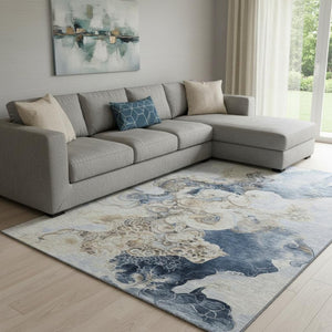 HomeRoots 8' X 10' Denim Blue and Beige Abstract Area Rug – Washable, UV Protected, Perfect for Busy Homes! 706095