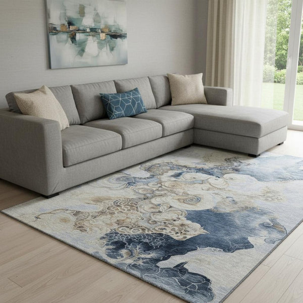 HomeRoots 8' X 10' Denim Blue and Beige Abstract Area Rug – Washable, UV Protected, Perfect for Busy Homes! 706095