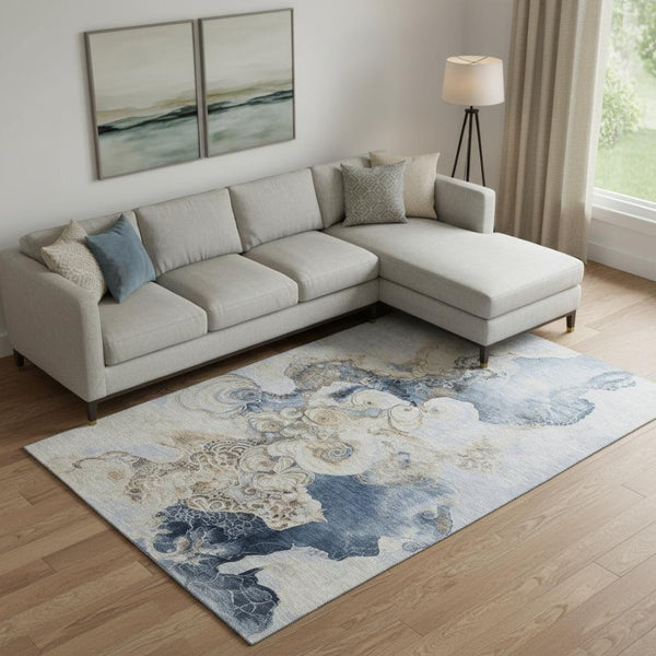 HomeRoots 9' X 12' Denim Blue & Beige Abstract Washable Area Rug - Stain-Resistant, UV Protected, Durable Style 706096