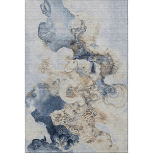 HomeRoots 9' X 12' Denim Blue & Beige Abstract Washable Area Rug - Stain-Resistant, UV Protected, Durable Style 706096