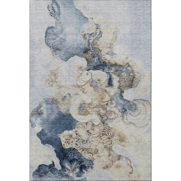 HomeRoots 9' X 12' Denim Blue & Beige Abstract Washable Area Rug - Stain-Resistant, UV Protected, Durable Style 706096