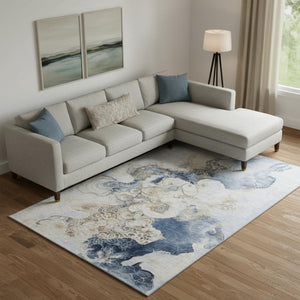 HomeRoots 10' Denim Blue & Beige Abstract Washable Area Rug - Durable, UV-Protected, Stylish for High-Traffic Areas 706097