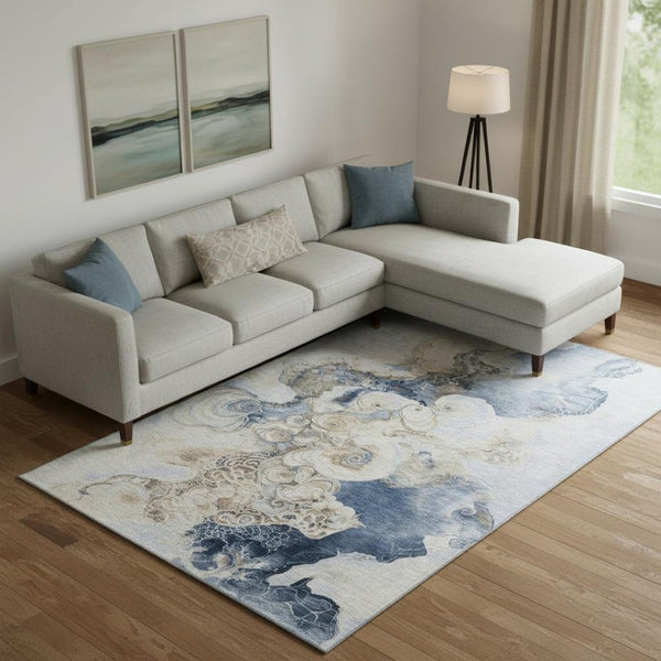 HomeRoots 10' Denim Blue & Beige Abstract Washable Area Rug - Durable, UV-Protected, Stylish for High-Traffic Areas 706097