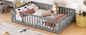 English Elm Full Floor Bed with Safety Guardrails and Play Door for Kids, Low Profile Pine Frame, 550lb Capacity Gray W1580P338951