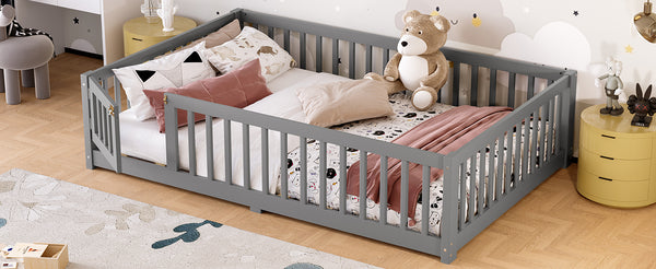 English Elm Full Floor Bed with Safety Guardrails and Play Door for Kids, Low Profile Pine Frame, 550lb Capacity Gray W1580P338951