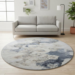 HomeRoots 8' Gray and Blue Abstract Round Rug - Washable, UV Protected, Non-Slip, Perfect for Family Spaces! 706100