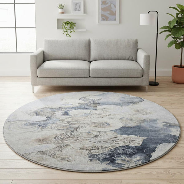 HomeRoots 8' Gray and Blue Abstract Round Rug - Washable, UV Protected, Non-Slip, Perfect for Family Spaces! 706100