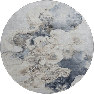 HomeRoots 8' Gray and Blue Abstract Round Rug - Washable, UV Protected, Non-Slip, Perfect for Family Spaces! 706100