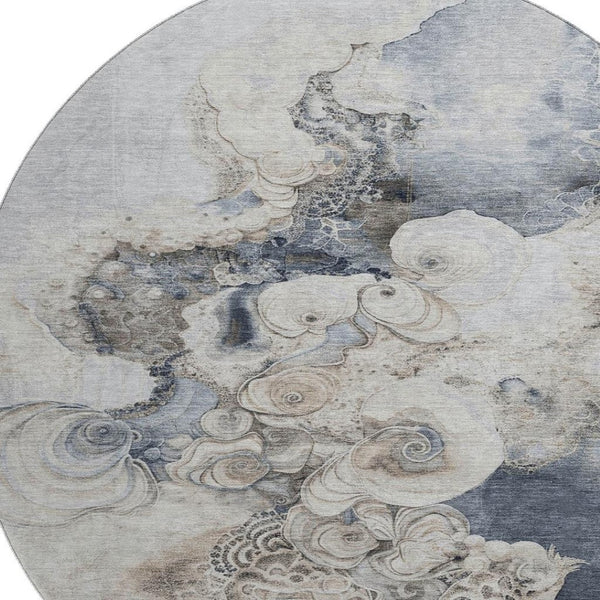 HomeRoots 8' Gray and Blue Abstract Round Rug - Washable, UV Protected, Non-Slip, Perfect for Family Spaces! 706100