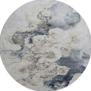 HomeRoots 8' Gray and Blue Abstract Round Rug - Washable, UV Protected, Non-Slip, Perfect for Family Spaces! 706100