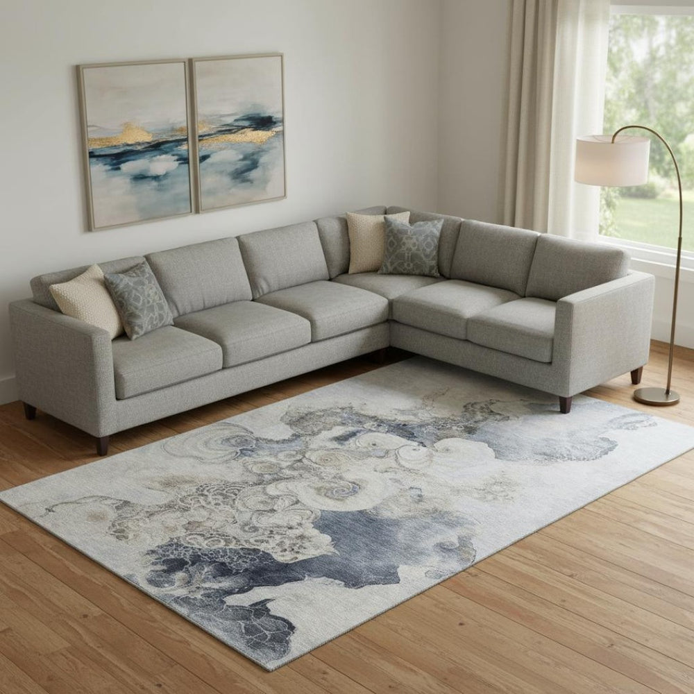 HomeRoots 9' X 12' Gray And Blue Abstract Washable Area Rug – Durable, UV-Protected, Kid & Pet-Friendly Design 706102